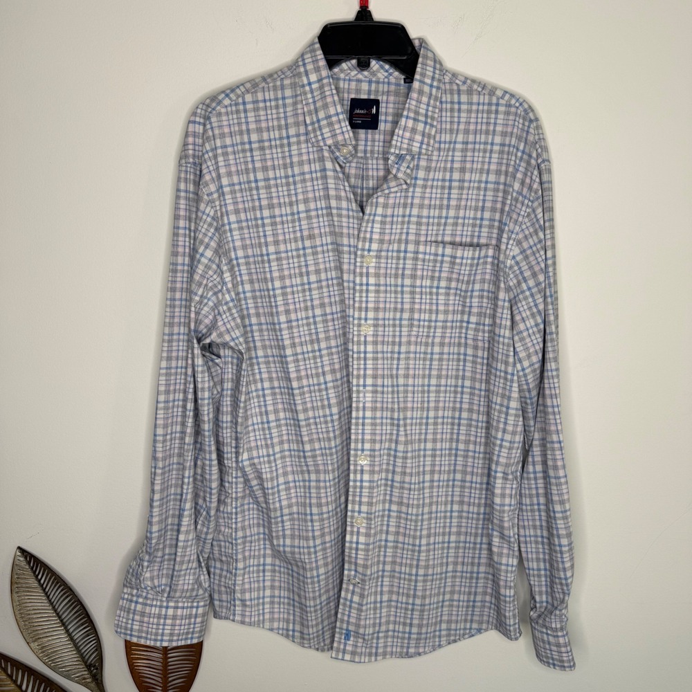 Johnnie-O Performance Mens XL Plaid Button Down Shirt Blue Grey Long Sleeve Logo - Picture 2 of 7